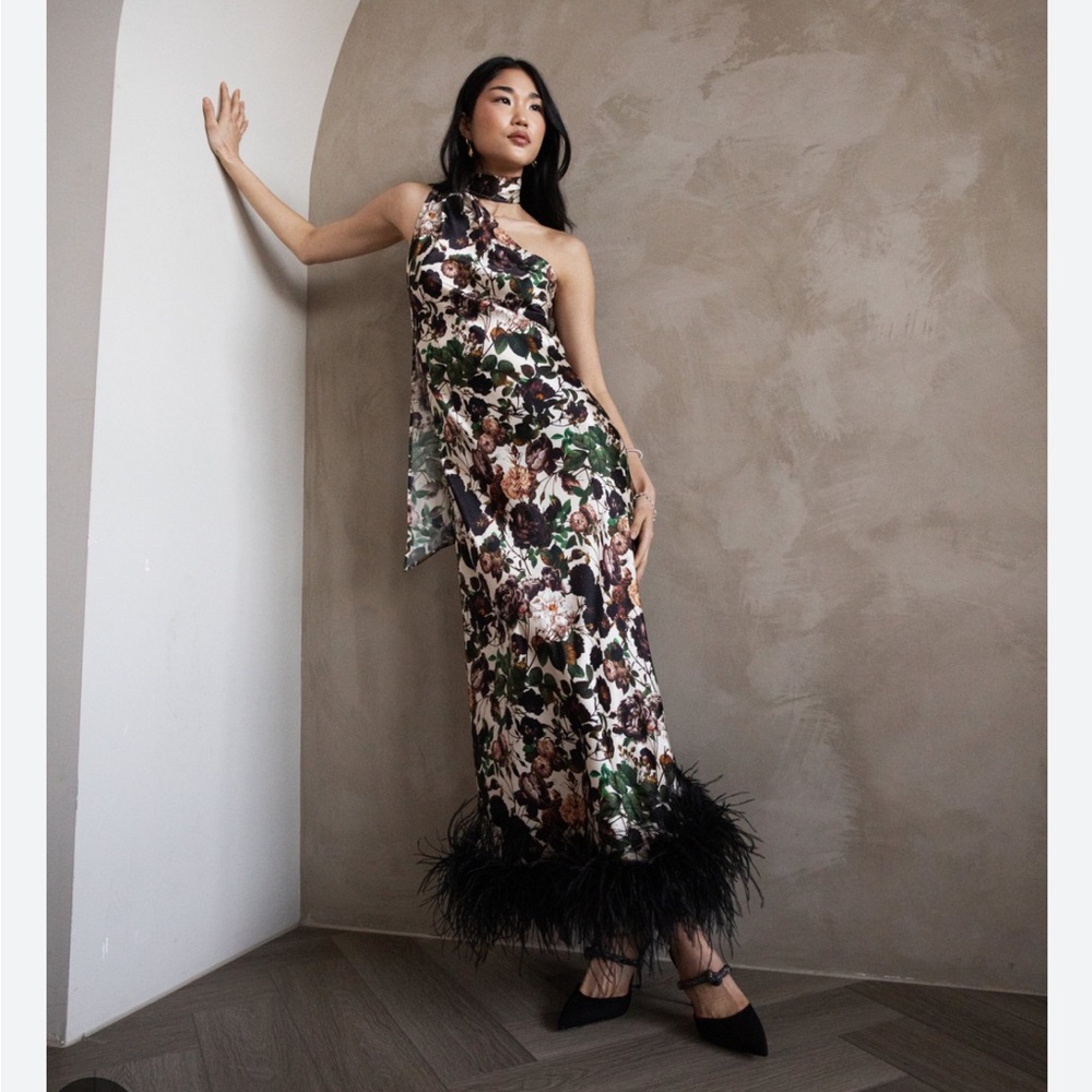 Vasiliki Atelier Liya Floral One-Shoulder Dress with Feather Trim